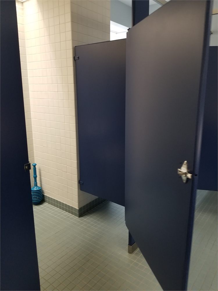 Commercial washroom partitions painted navy blue