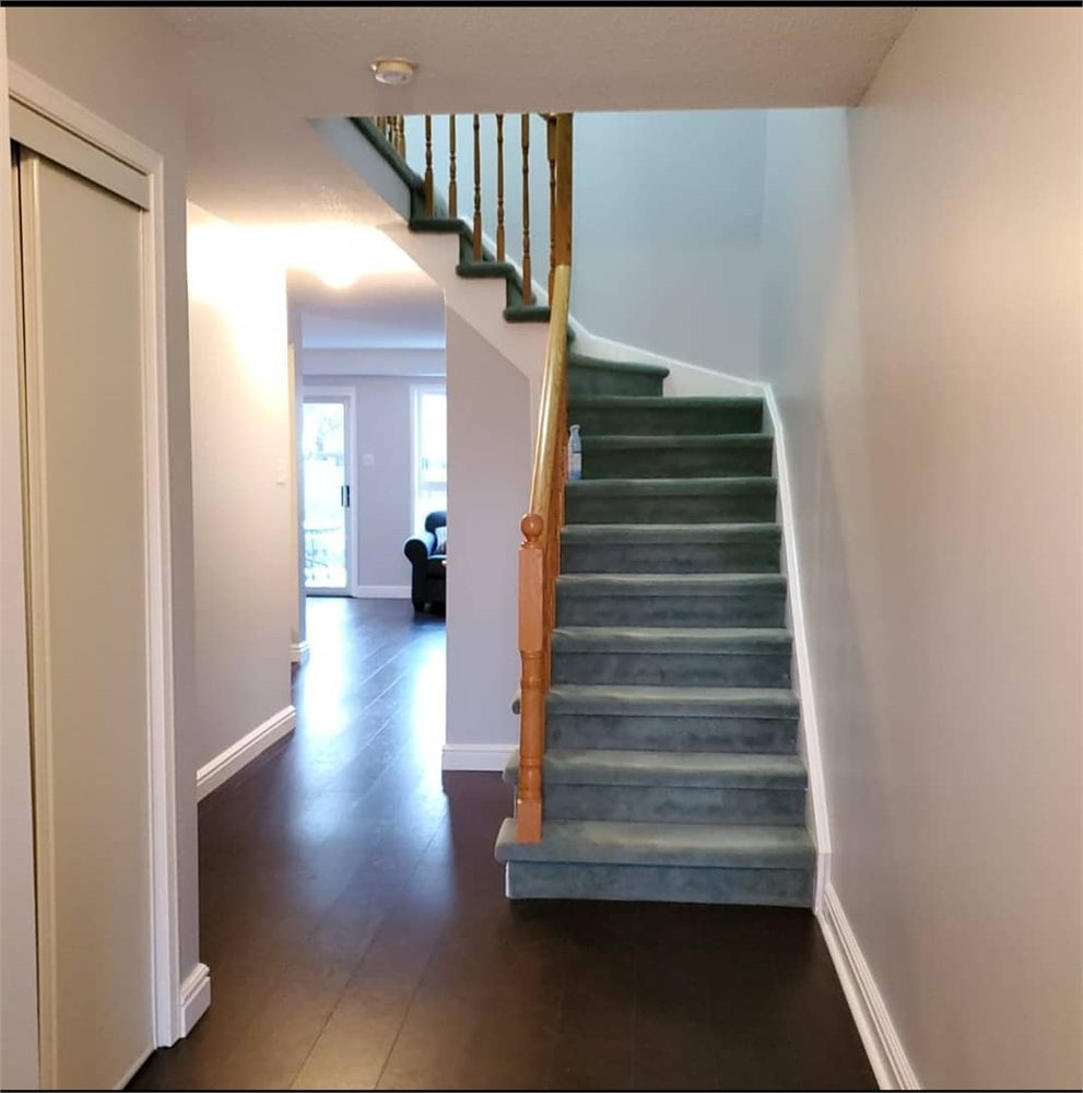 Freshly painted front hall and staircase with dark wood flooring